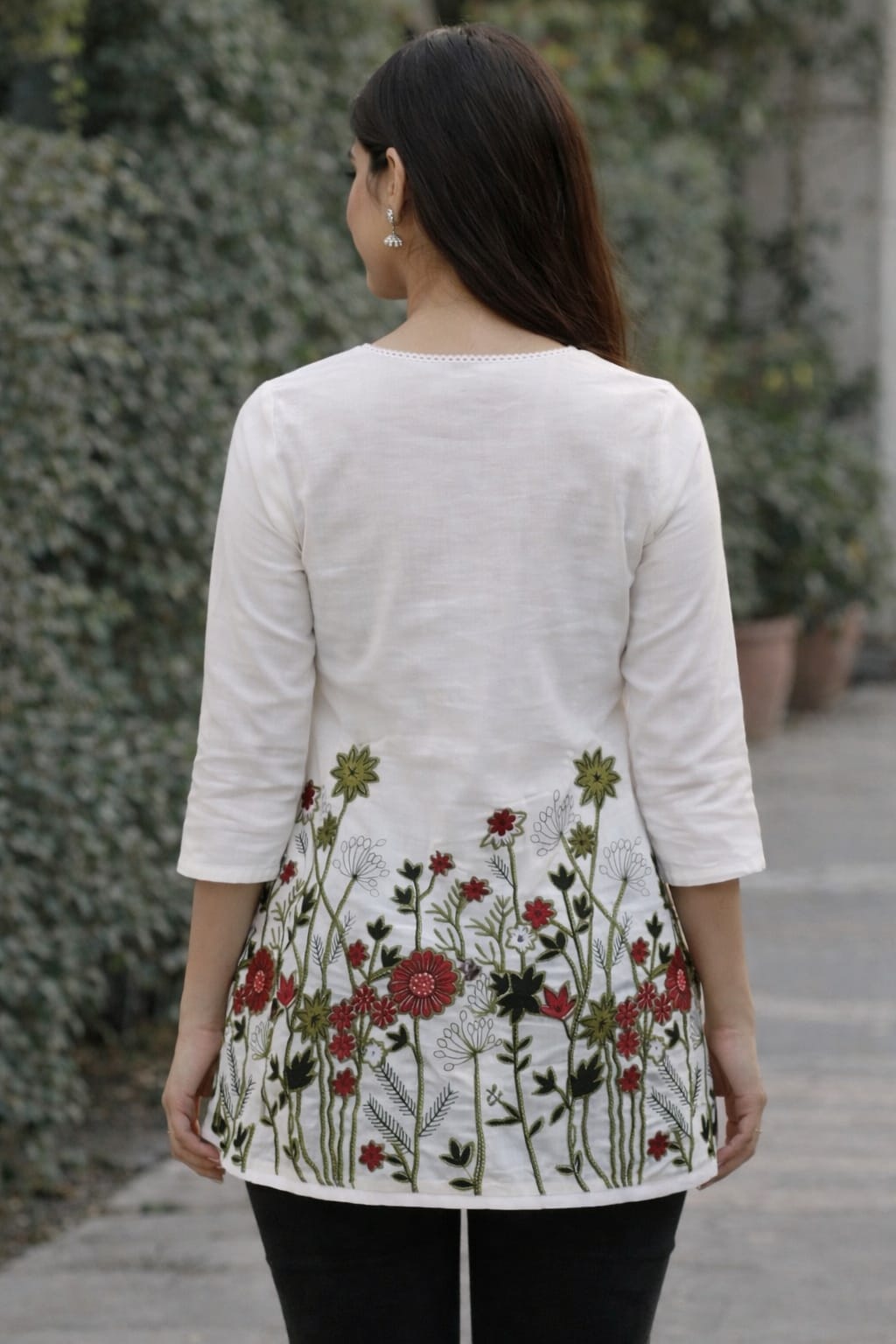 Ivory Garden Floral Embroidered Cotton Kurti