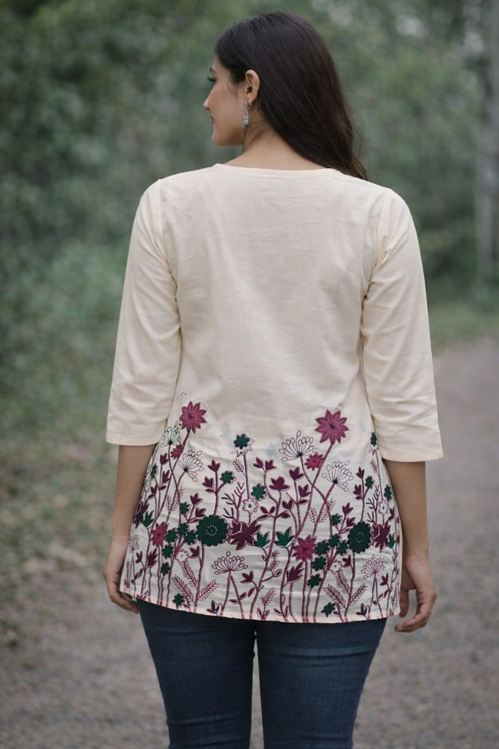 Ivory Bloom Floral Embroidered Cotton Kurti